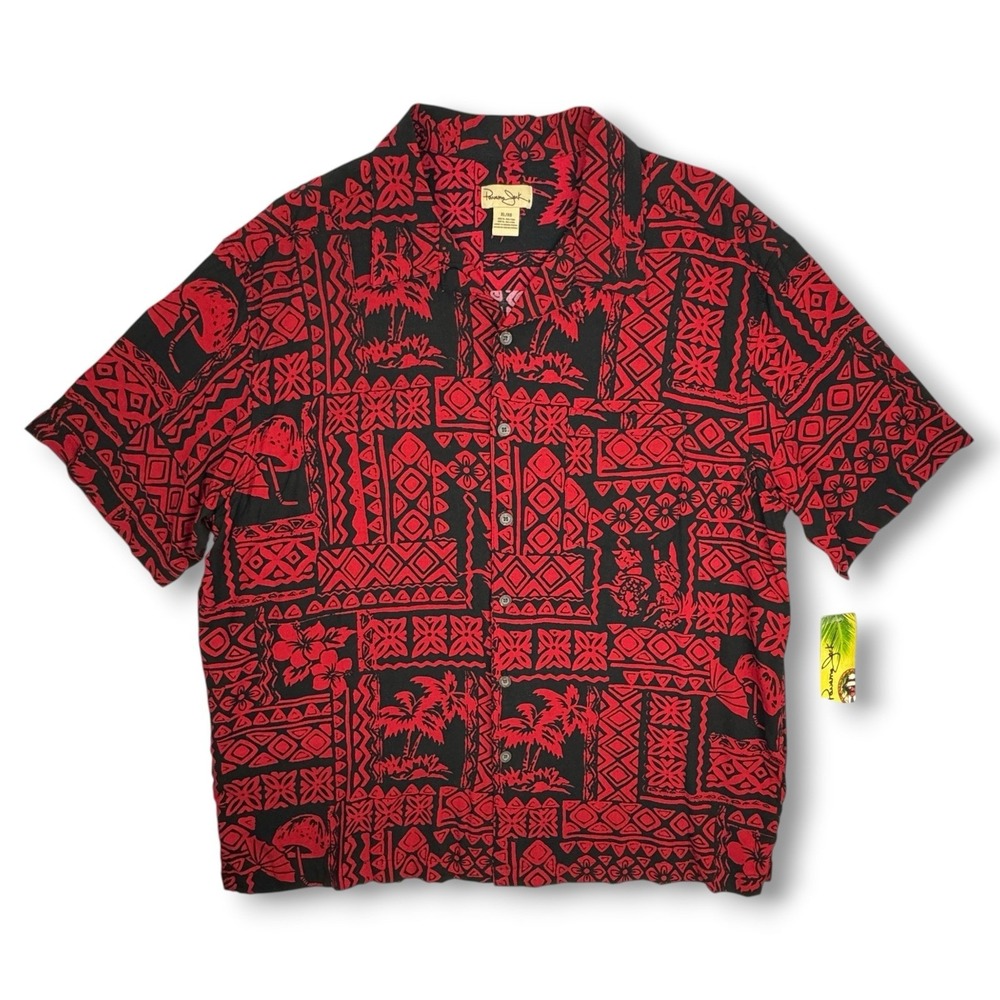 Panama Jack Mens XL Hawaian Shirt Button Down Campy Tropical Party Red Black NWT